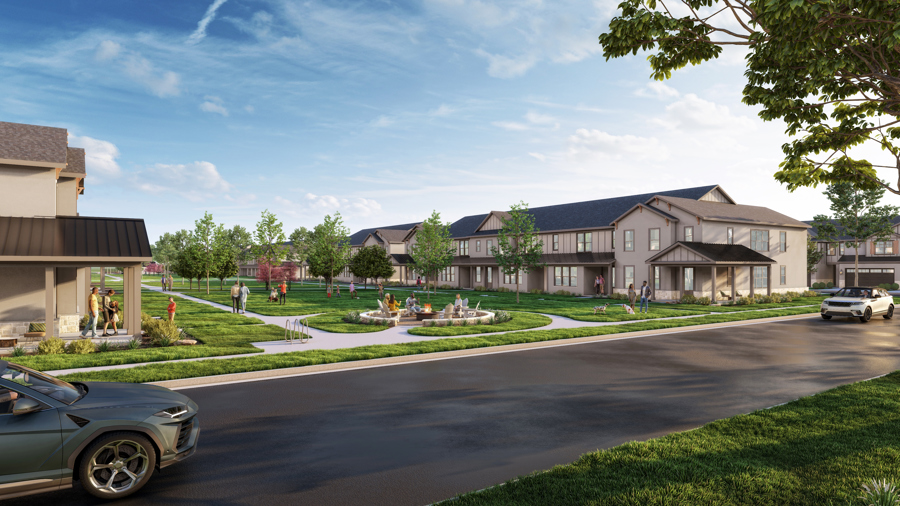 Rendering of open game lawn at HARMON Melissa with townhomes in the background